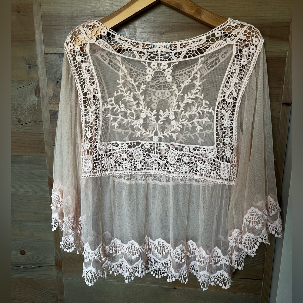 Pink Melo Sheer Embroidered Lace Peasant Top - Blush - Picture 2 of 10